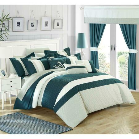 FIXTURESFIRST Decor Pillows, Window Treatments Bed in a Bag Comforter Set with Sheets - Teal - Queen - 24 Piece FI21980